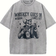 Retro Skull and Whiskey 90s Vintage Washed T-Shirt in Gray