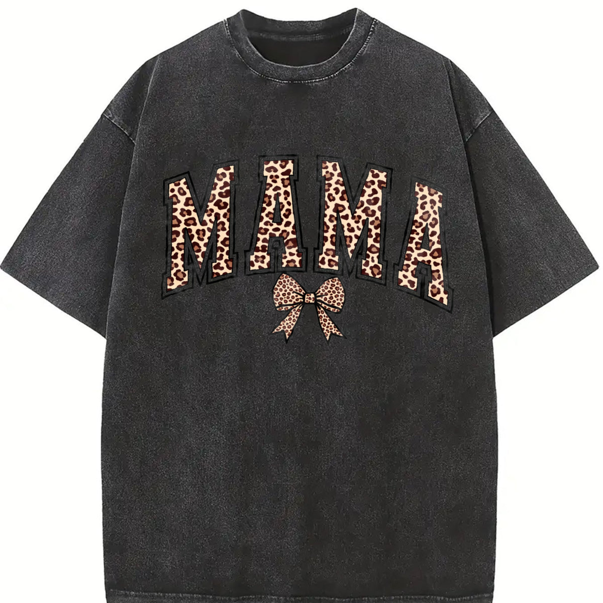 Leopard Mama Retro Bow Mama Vintage Washed T-Shirt in Black