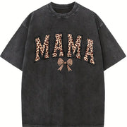 Leopard Mama Retro Bow Mama Vintage Washed T-Shirt in Black