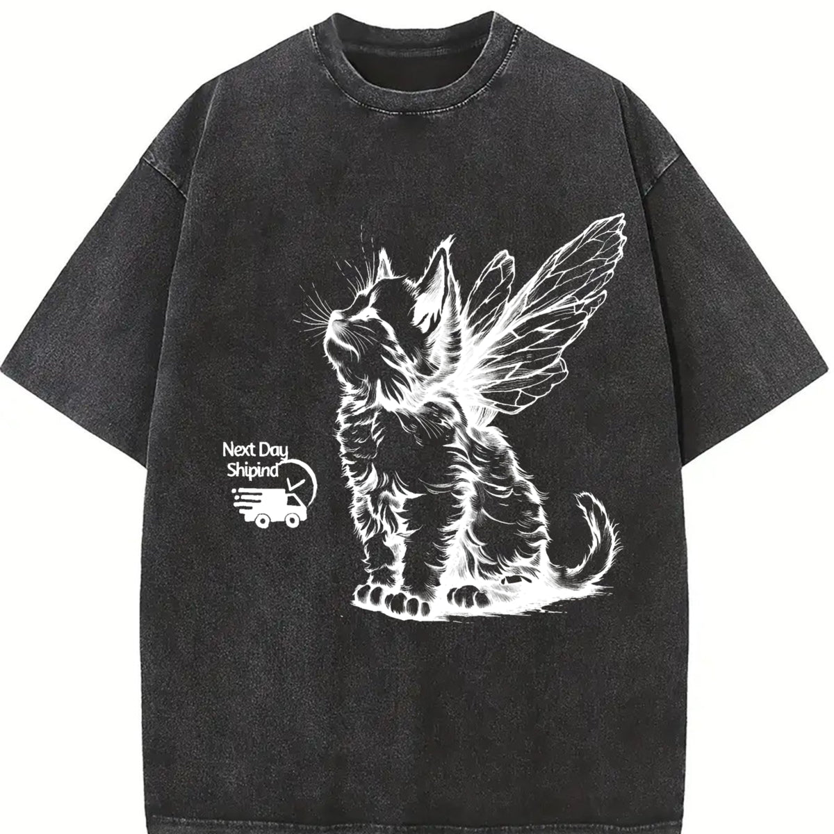Retro Angel Kitten Vintage Washed T-Shirt in Black