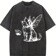 Retro Angel Kitten Vintage Washed T-Shirt in Black