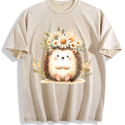 Hedgehog & Daisy Blouse with Cute Hedgehog & Floral Vintage Washed T-Shirt in Beige