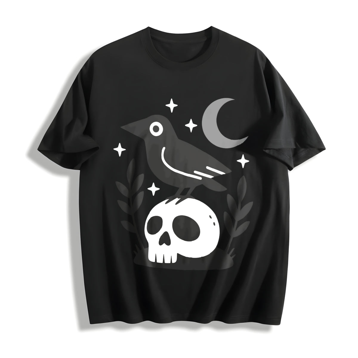 Witchy Crow Skull Moon and Stars Cotton T-Shirt in Black