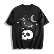 Witchy Crow Skull Moon and Stars Cotton T-Shirt in Black
