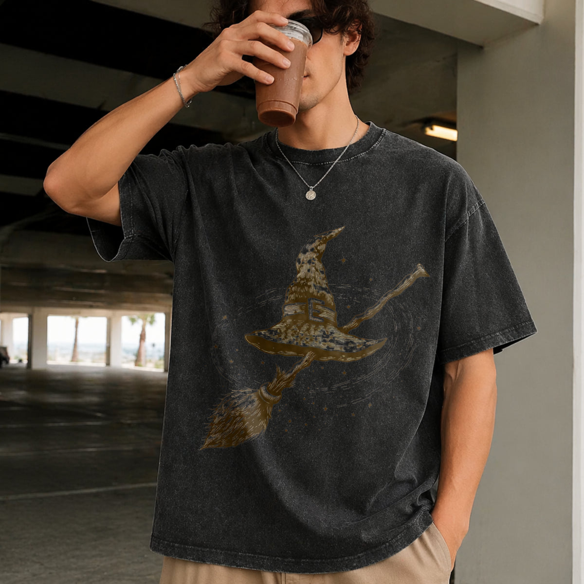 Witchy Celestial 90s Retro Witch Hat Broom Vintage Washed T-Shirt in Black