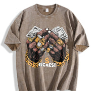 Hip Hop Finance Wealth Symbol Vintage Washed T-Shirt in Brown