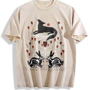 Fantasy Mysterious Floral Fox Skull Rabbit One-piece Vintage Washed T-Shirt in Beige