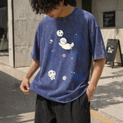Cats in Space Cat Lover Vintage Washed T-Shirt in Blue