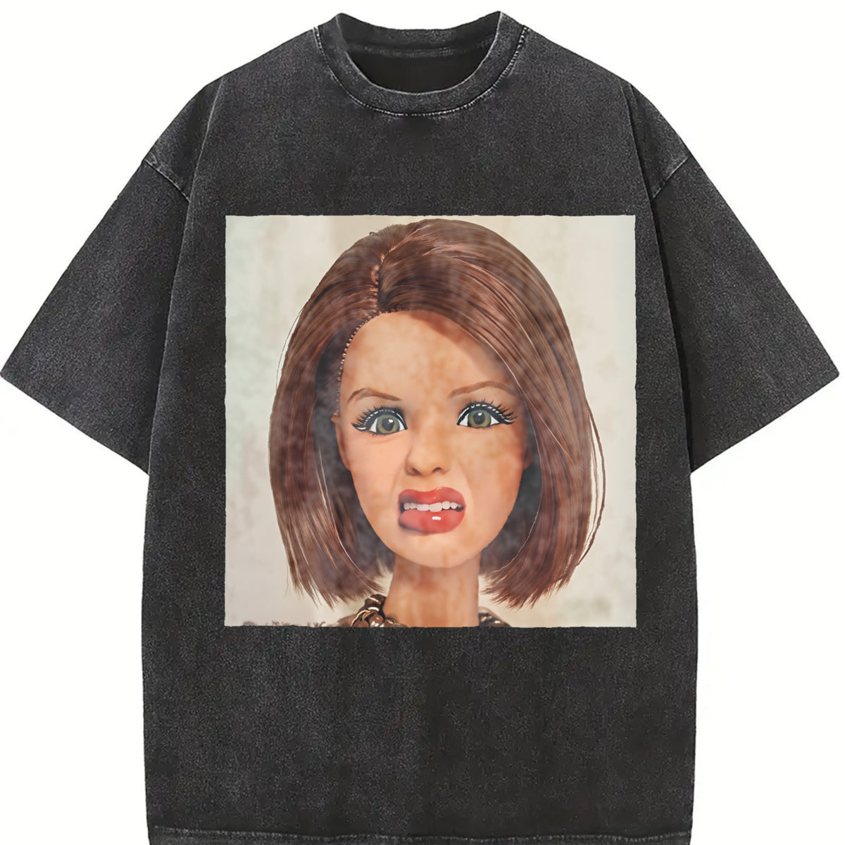Shocked Brunette Glam Doll Vintage Washed T-Shirt in Black