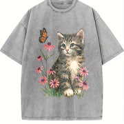Kitten Cute Cat & Butterfly Floral Vintage Washed T-Shirt in Gray