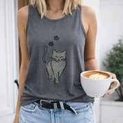 Cat and Flowers Women's Color Cotton Tank Top in Gray