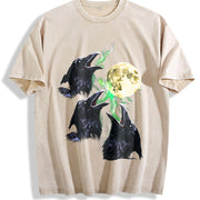 Raven Howling to Moon 90s Vintage Washed T-Shirt in Beige