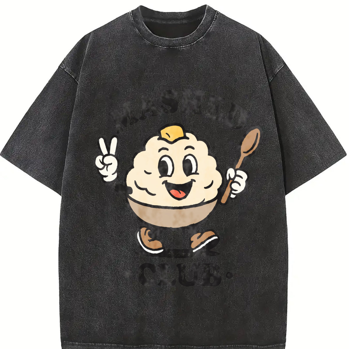 Mashed Potatoes Club: Retro Potato Mascot Vintage Washed T-Shirt in Black