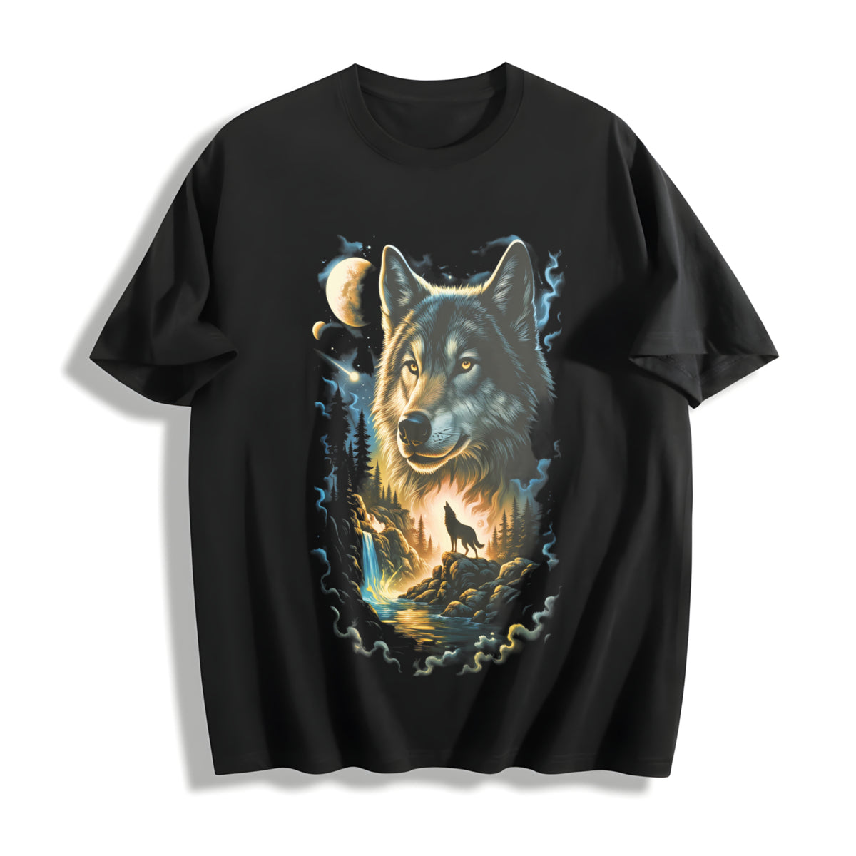 Wolf 90s Grunge Retro Howling Wolf Faded Cotton T-Shirt in Black