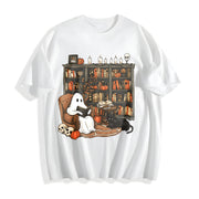 Retro Ghost Reading Books Cotton T-Shirt in White