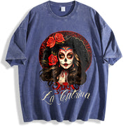 La Catrina Dress Stylish Day of the Dead Costume La vintage washed oversized T-shirt in Blue