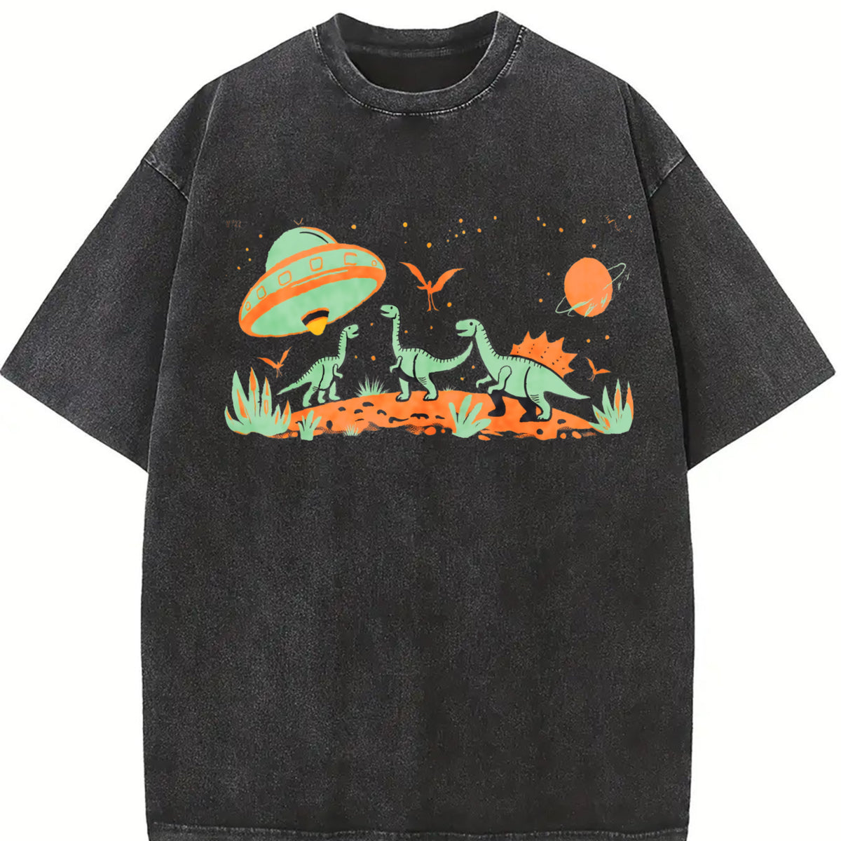 Retro UFO Alien Abduction Dinosaur Vintage Washed T-Shirt in Black