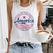 Memorial Day Land of the Free Because of the Brave America Women's Color Cotton Tank Top in White