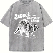 Retro Sweet but Throw Hands Raccoon 90s Vintage Washed T-Shirt in Gray