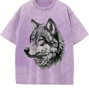 Retro Wolf Face Hand Drawing 90s Vintage Washed T-Shirt in Purple