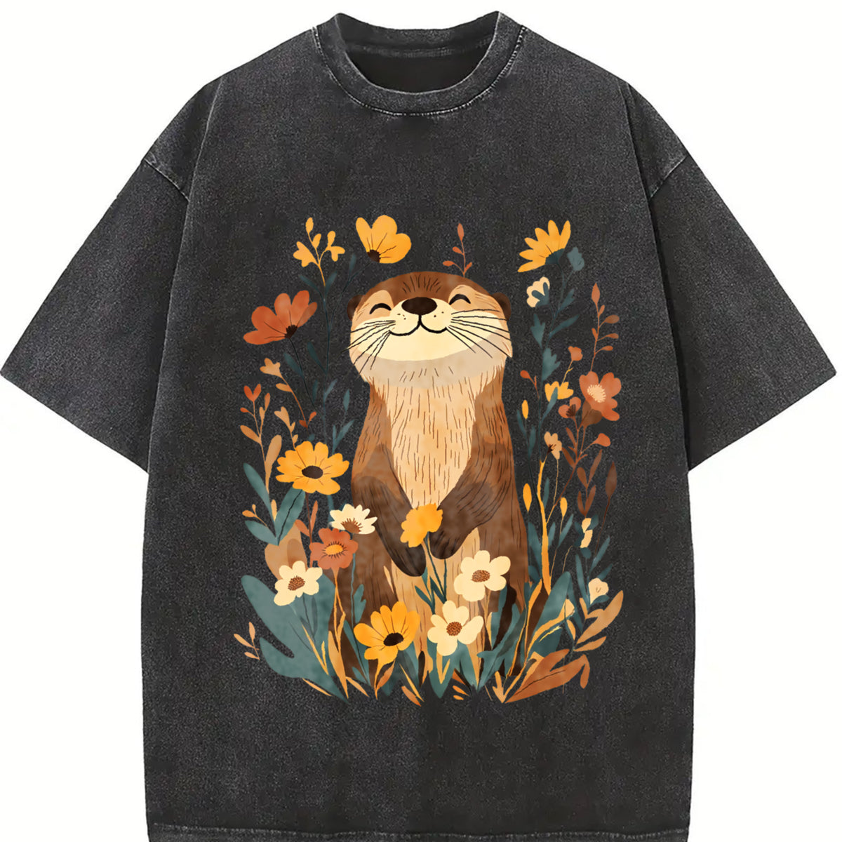 Botanical Otter & Plants Vintage Washed T-Shirt in Black