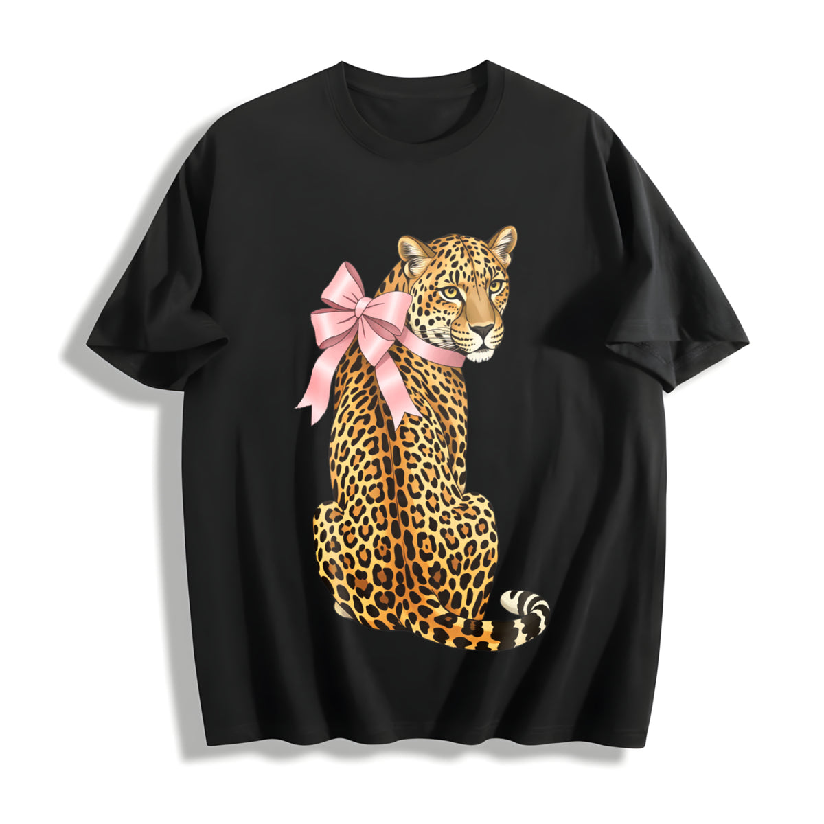 Pink Leopard with Bow Cotton T-Shirt in Black