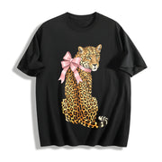 Pink Leopard with Bow Cotton T-Shirt in Black