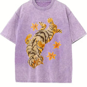 Couples Tiger Star Embellishment Hem Detail Artistic vintage washed oversized T-shirt in Purple
