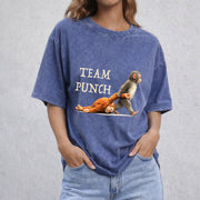 Team Punch Monkey – Funny Cute Animal Graphic vintage washed oversized T-shirt in Blue