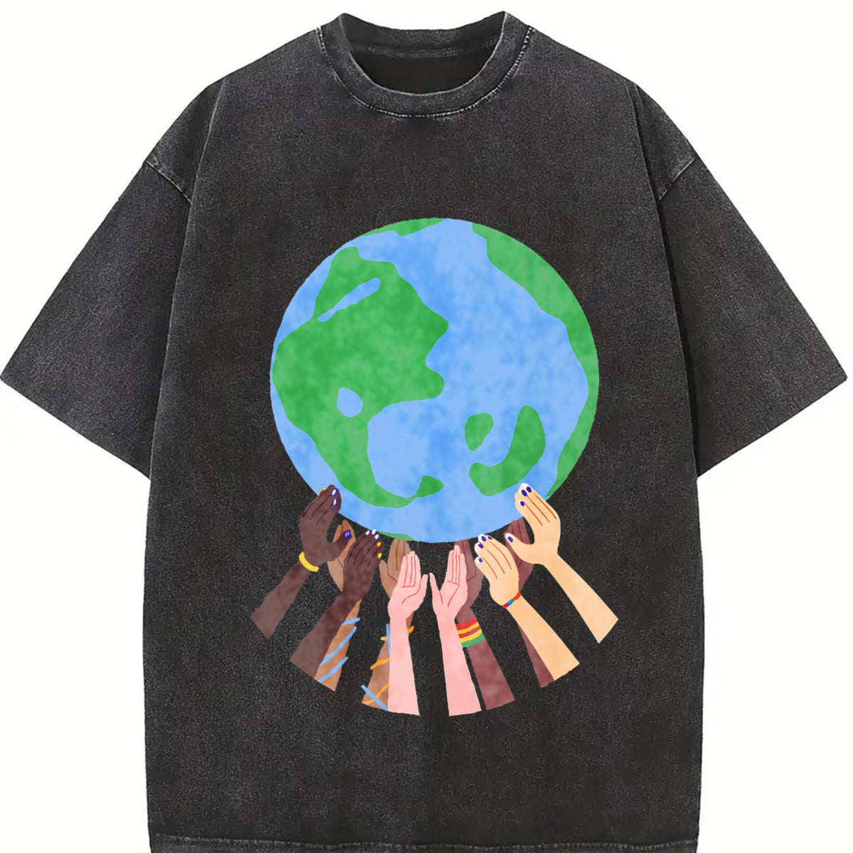 Hands Holding the Earth Vintage Washed T-Shirt in Black