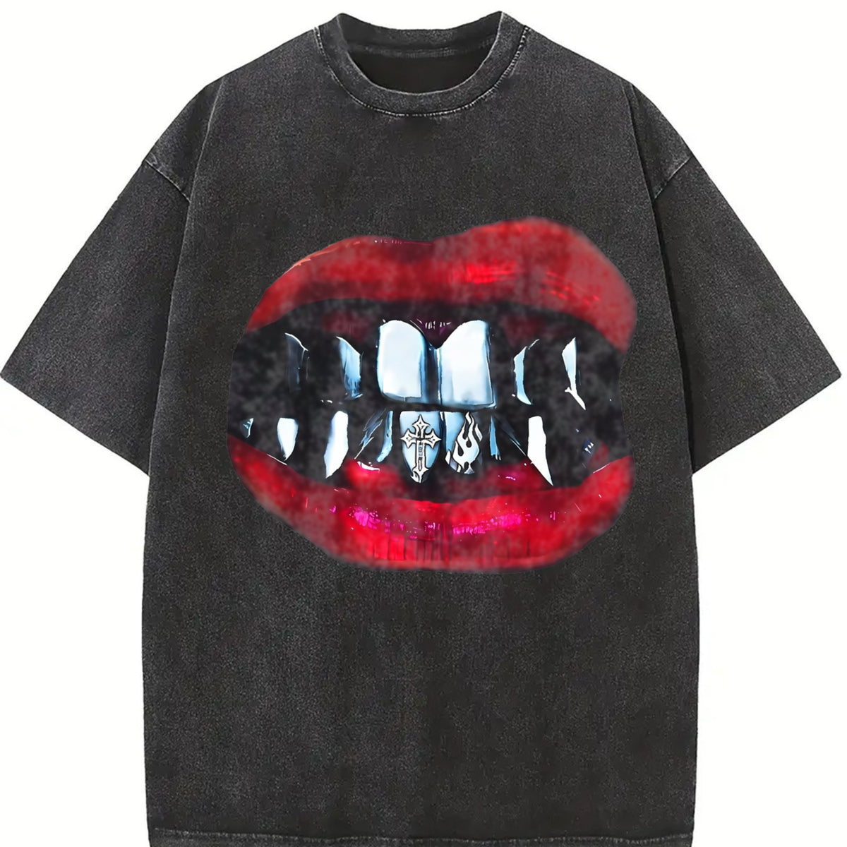 Gothic Vampire Lips Fangs Sleeveless Tank Vintage Washed T-Shirt in Black