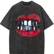 Gothic Vampire Lips Fangs Sleeveless Tank Vintage Washed T-Shirt in Black