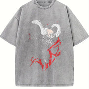 Demon Horned Skull Sleeveless Tank Vintage Washed T-Shirt in Gray