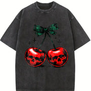 Heavy-duty Dark Grey with Red Cherries Vintage Washed T-Shirt in Black