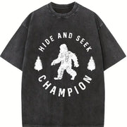 Hide and Seek Champion Bigfoot Humor Classic Camping Vintage Washed T-Shirt in Black