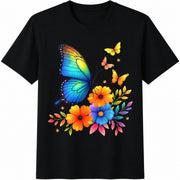 Rainbow Butterfly and Flowers Cotton T-Shirt in Black