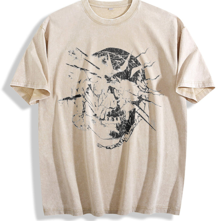 Distressed Shattered Thorned Skull Sleeveless Tank Vintage Washed T-Shirt in Beige