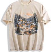 Christmas Winter Village Vintage Washed T-Shirt in Beige