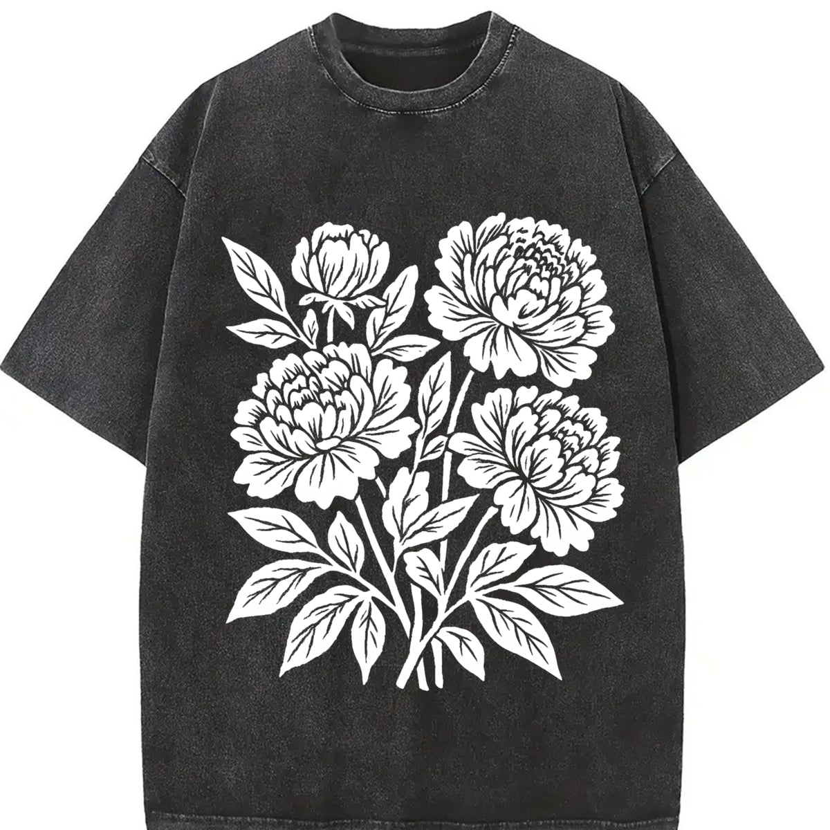 Linocut Flower Retro Block Peonies Vintage Washed T-Shirt in Black
