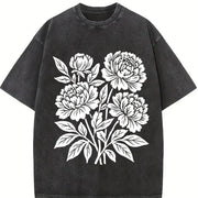 Linocut Flower Retro Block Peonies Vintage Washed T-Shirt in Black