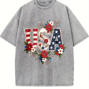 Effortless Chic Coastal Granddaughter Statement USA Flag Vintage Washed T-Shirt in Gray