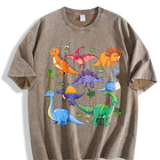 Autumn Dinosaur World Cartoon Short-sleeved Vintage Washed T-Shirt in Brown