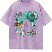 Cats Flying in Galaxy 90s Vintage Washed T-Shirt in Purple