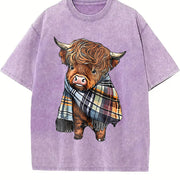 Scottish Highland Cow Plaid Vintage Washed T-Shirt in Purple