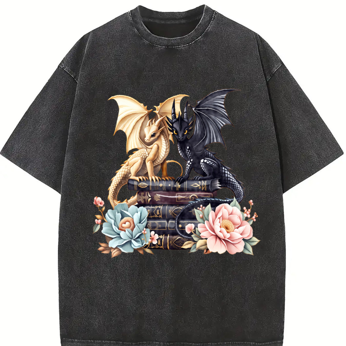 Winter Twin Dragon Vintage Washed T-Shirt in Black