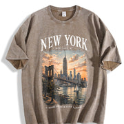 New York City NYC Travel Souvenir Urban Skyline Vintage Washed T-Shirt in Brown