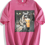 Raccoon Drinking Iced Coffee vintage washed oversized T-shirt in Red
