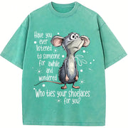Mouse Quote Animal Sublimation Who Ties Your Shoelaces vintage washed oversized T-shirt in Blue