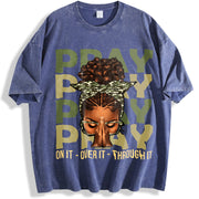 Fortify Your Faith With Black Woman Afro Christian Sayings vintage washed oversized T-shirt in Blue