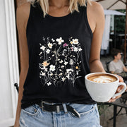 Floral with White and Pink Flowers Crew-neck Sleeveless Women's Color Cotton Tank Top in Black